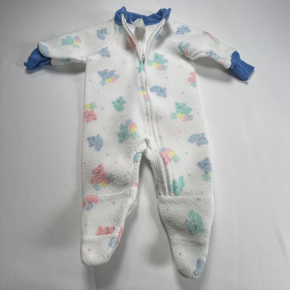 Vtg 90's First Moments Baby Fleece Footed Sleeper 0-6 Months Bear Blue White